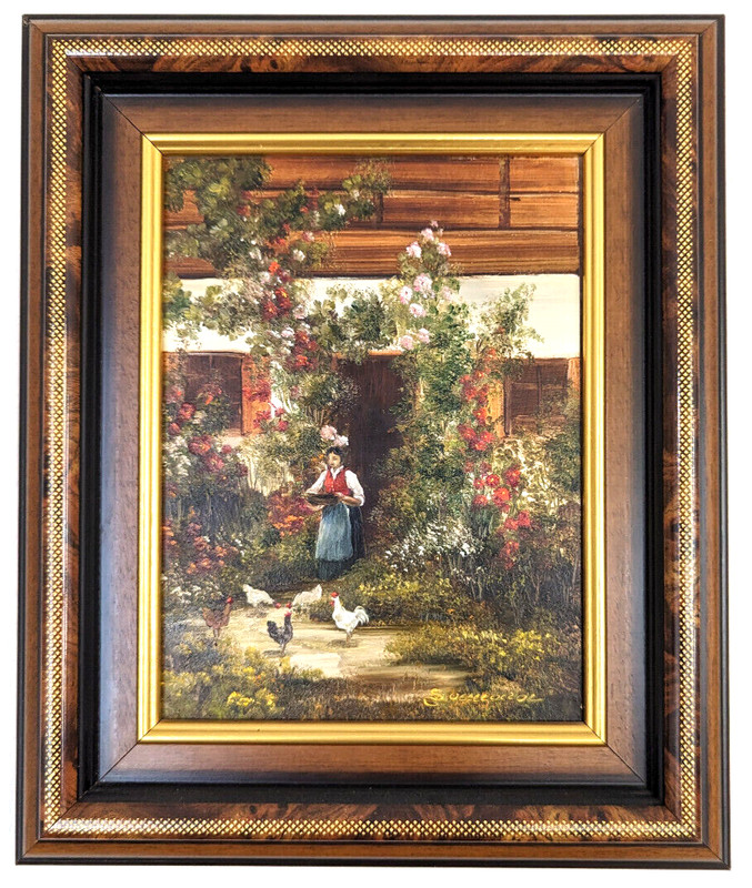 Oil painting Helga Samara * 1941 original signed | farmer’s wife feeding the chickens