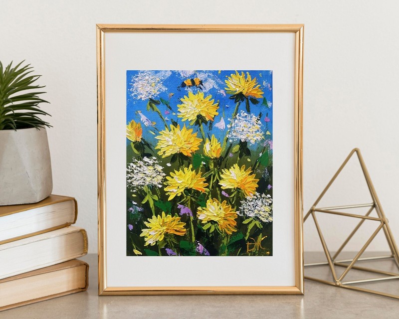 Dandelions Oil Painting Wildflowers Impasto Original art Unframed 8x6 inches gallery