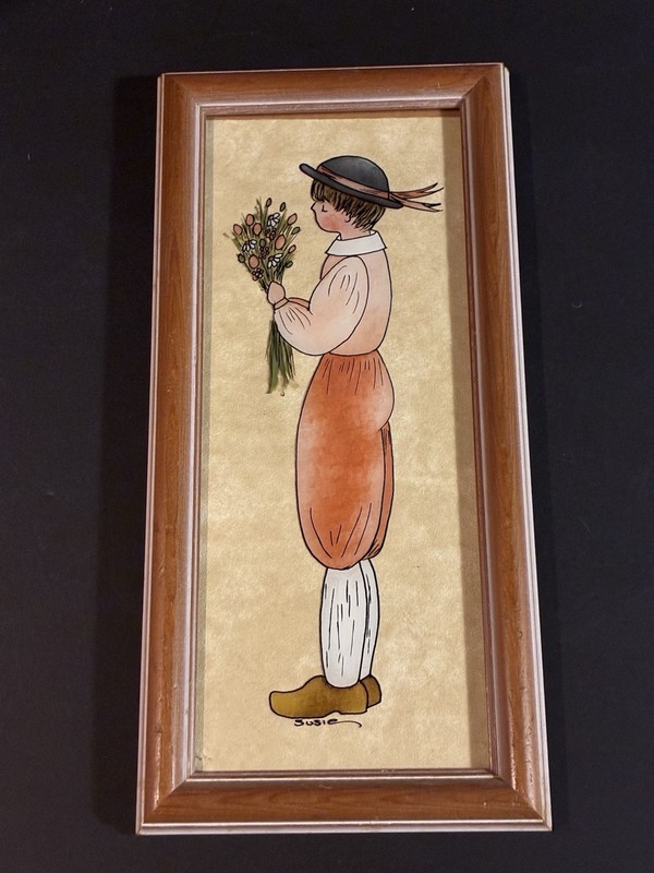 Susie Kostka Reverse Glass Original Painting Boy With Flowers 13 1/2” Wood Frame