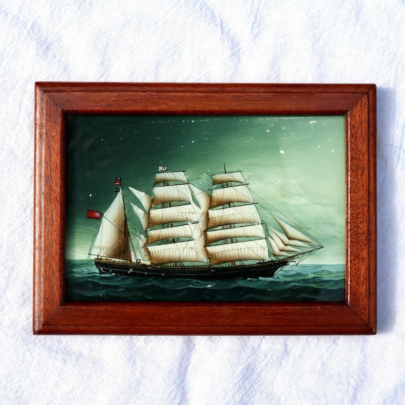 Antique Miniature Clipper Ship Reverse Painting On Glass Framed 6′ x 4.5″