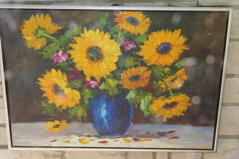 STILL LIFE OIL PAINTING CANVAS OF ARRANGED FLOWERS SUNFLOWERS W BLUE VASE