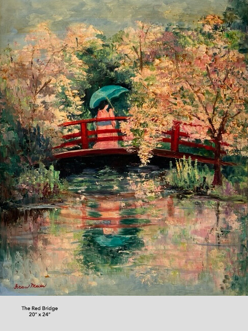 FRAN MAIER American Impressionist 1921- 2022 «The Red Bridge 20″ x 24»