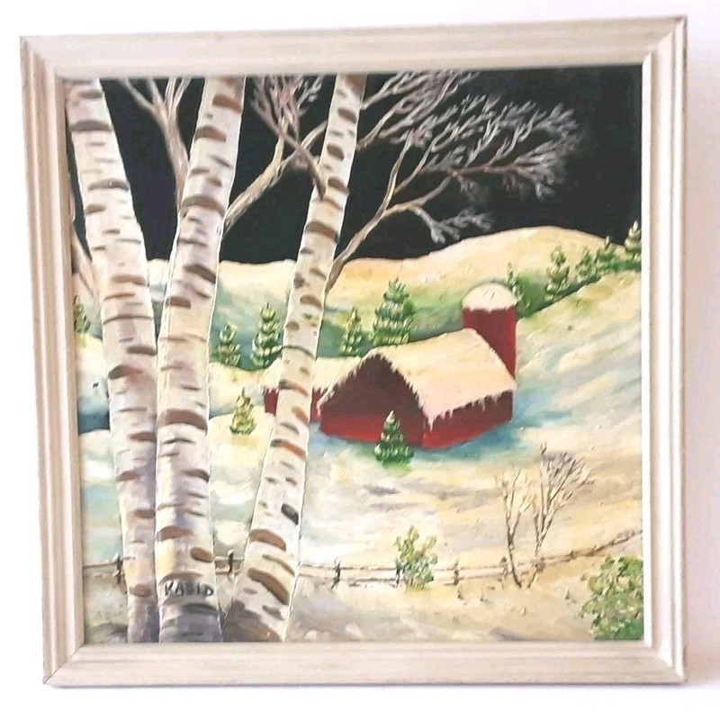 Original Oil Painting On Glass Red Barn & Trees In Snow Framed 9″×9″ Vintage