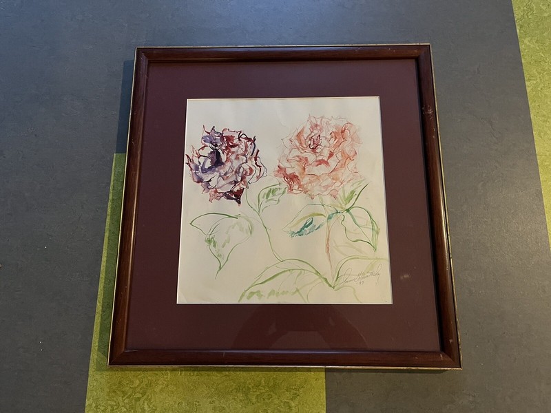 Signed, framed watercolor «Roses in the Wind», Donna Day, 11×11″, 17×17″ framed