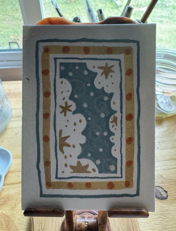 ACEO Mini Abstract Painting on Paper Blue & White Gold Stars Unframed