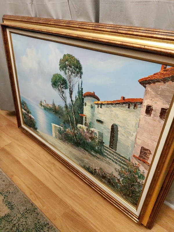 Huge Original Oil Painting Seaside Villa By The Ocean, By C. Loft 42X30x3 Framed