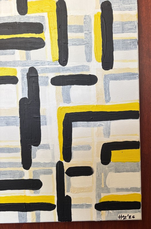 Original Abstract Acrylic Painting Yellow Black Gray Geometric Grid Modern Wall gallery