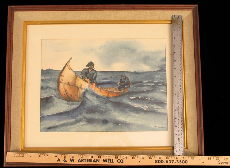 VINTAGE NAUTICAL SCENE TWO MEN IN LEATHER CANOE CAPE COD MASS SIGNED SCOTT TERRY gallery