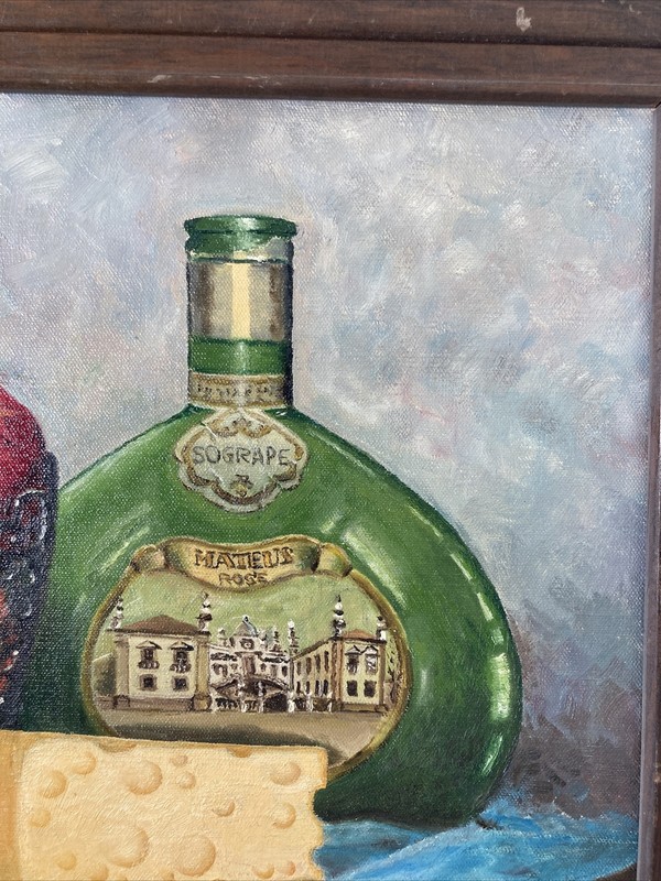 Vintage Original Oil Painting on Canvas -Still Life Wine Cheese -Signed 1980's gallery