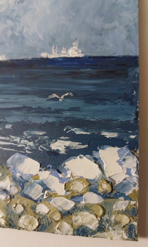 Framed Seascape Ships Cloudy Sky Northern Seashore 4x6” Original Oil Painting gallery