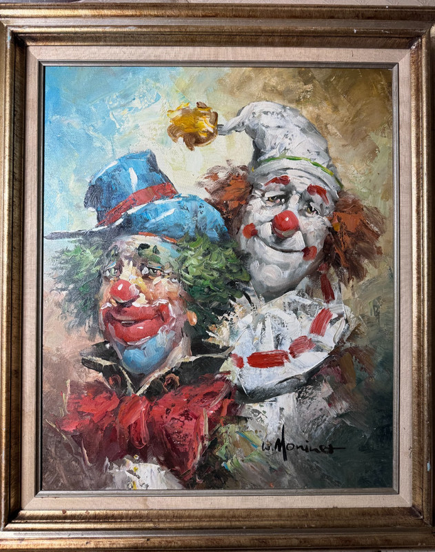 Large William Moninet (1937 – 1999) «Pair Of Clowns» Oil Painting -Signed/Framed