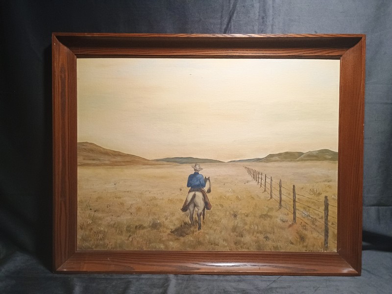 OOAK Acrylic Painting Of Lone Cowboy Riding Fences Horse Ranch 21 X 27″ Signed