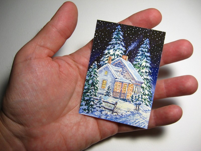 Watercolor Painting House Forest Snow Winter Art No.190 gallery