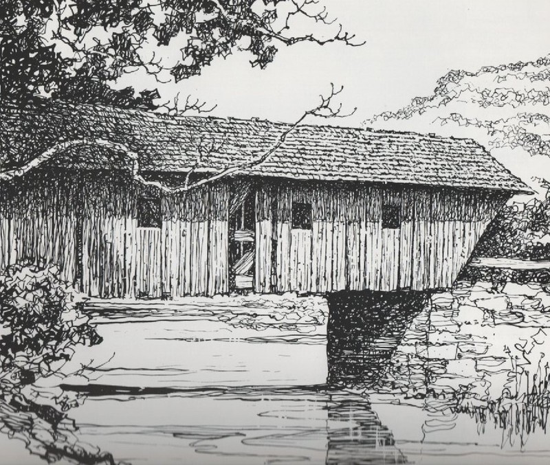ACEO Art Card Pen and Ink Drawing of a Covered Bridge, Drawn by Eric Sloane