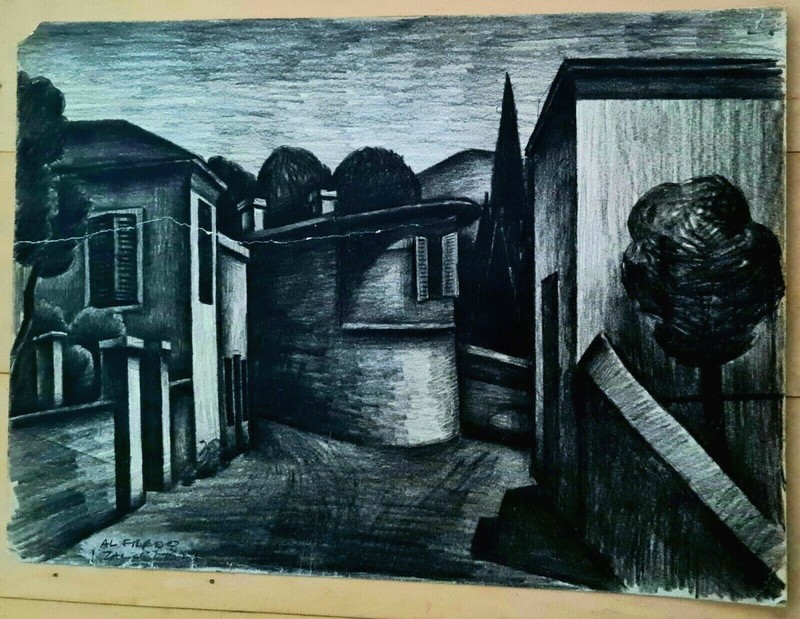 ALFREDO ZALCE17″ x 12″ -PUEBLO- GRAPHITE COAL ON PAPER PAINTING