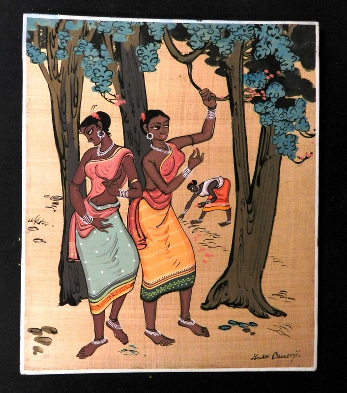 Hindu Women Painting On Silk Original India Art Vintage circa 1975