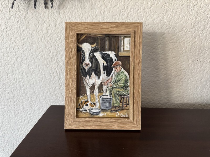 ORIGINAL OIL PAINTING RANCHER MILKING DAIRY COW, CALICO CAT SIGNED FRAMED 4x6 gallery