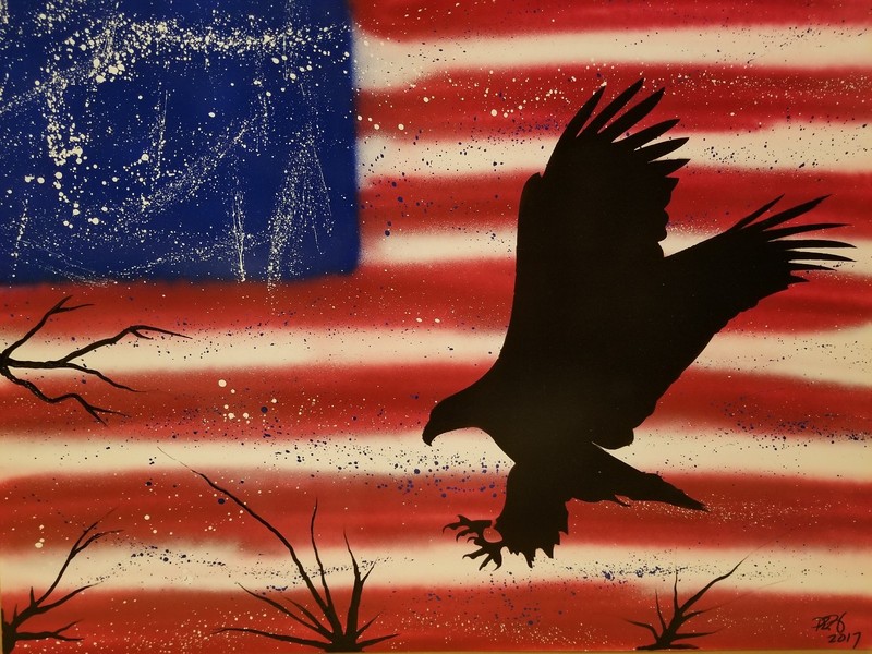 Original Spray Paint Art- Red/White/Blue American Flag with Landing Eagle 22×28