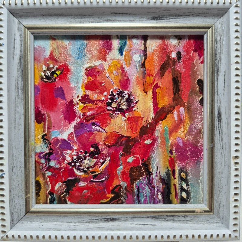 Original autographed oil painting in a frame. Poppies. Impressionism. 4×4 inc
