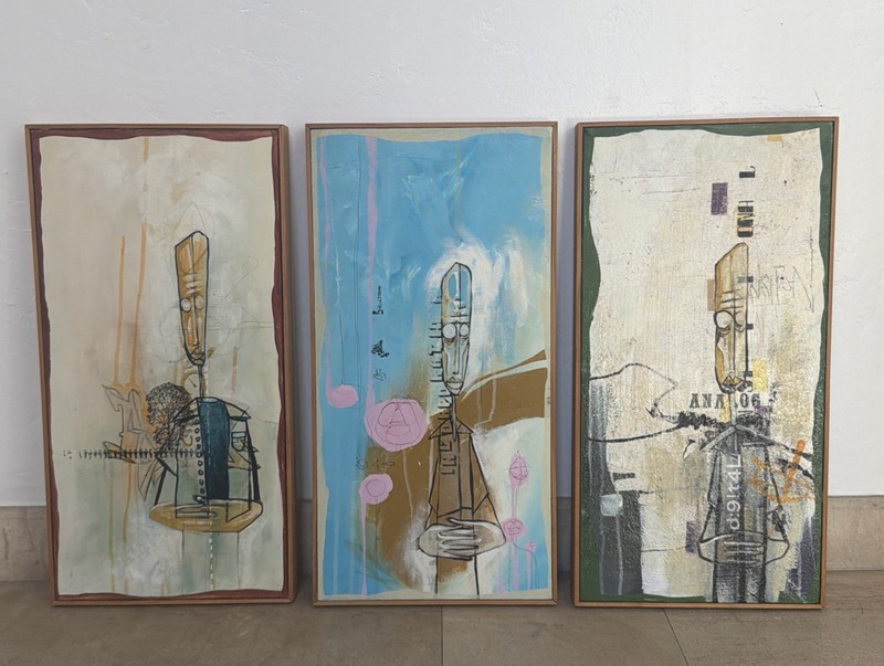 Vtg Signed OOAK Triptych 3 Framed Basquiat Style Paintings “African Art History”