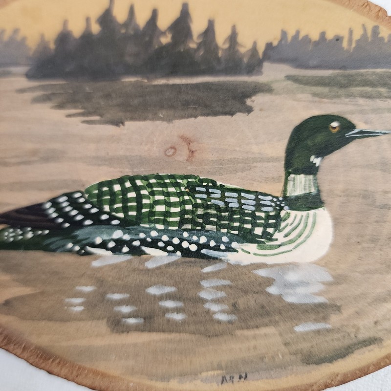 VTG Rustic Loon Duck Original Folk Art Painting Wood Slab Live Edge Signed Cabin gallery
