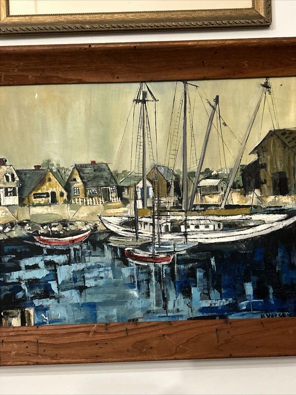original oil On Canvas painting signed vintage Mystic Connecticut Boat Scene