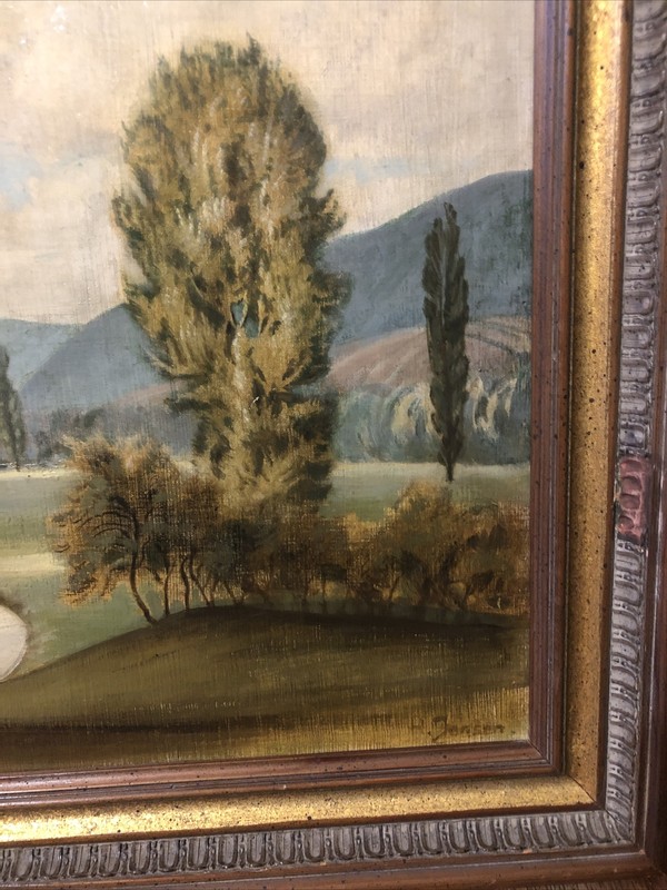 Original R. Jensen? Mid Century Oil On Board Landscape Painting Sweden 20” X 25” gallery