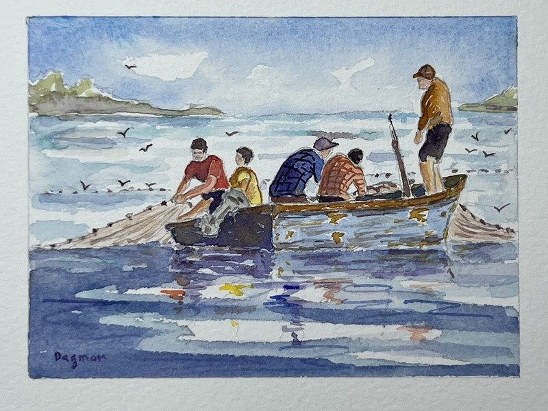 Original Watercolor Painting Fishing Crew Netting Bait Nautical 6×7” Dagmar Kau