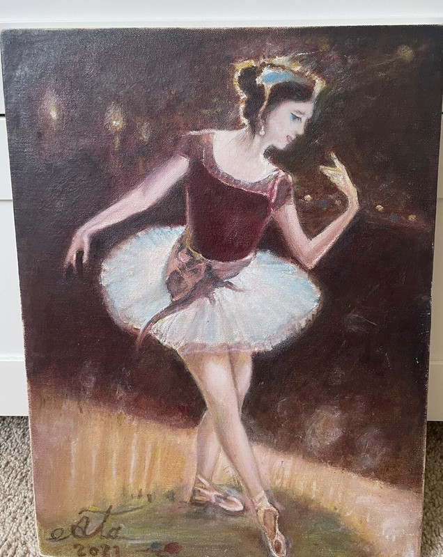 Hand Painted Ballet Dancer, Oil painting on Canvas 11 3/4” X 15 3/4”