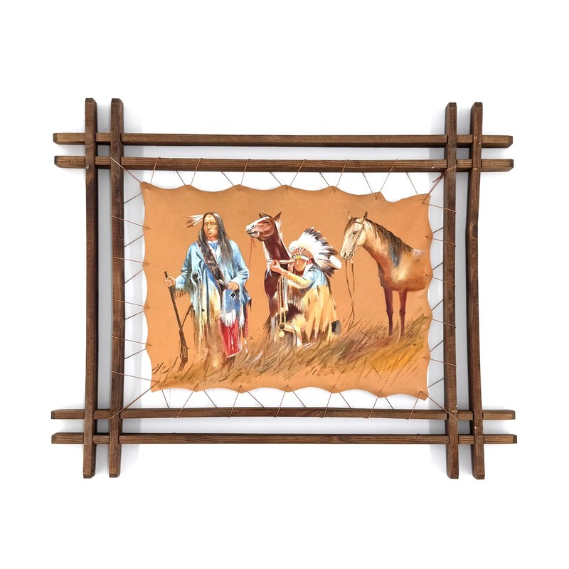 Native American Portrait Framed Leather Surface Fine Art Oil Painting Wall Decor