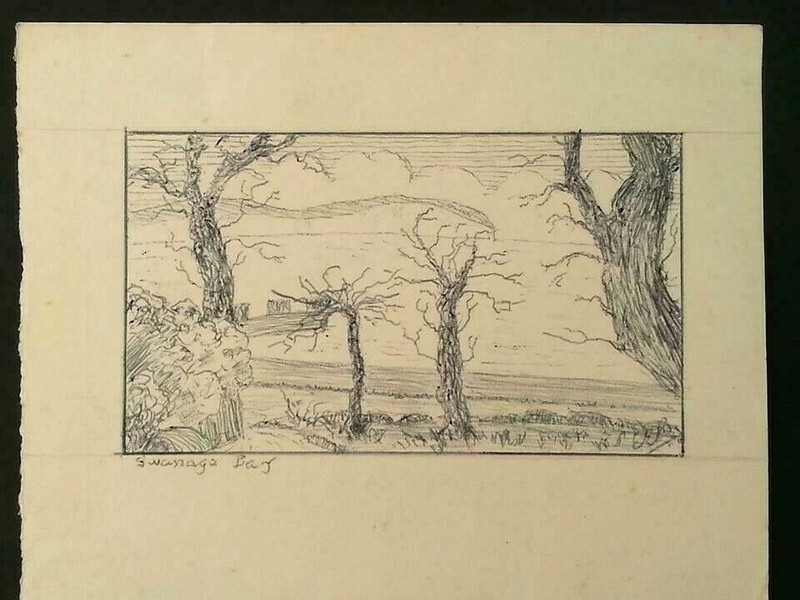 VINTAGE FINE ART ORIGINAL ARTIST SIGNED PENCIL DRAWING PAINTING SWANAGA BAY