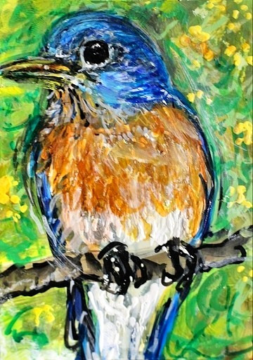 ORIGINAL ACEO PAINTING Eastern BLUEBIRD Spring Blue BIRD Flower Nature ATC ART