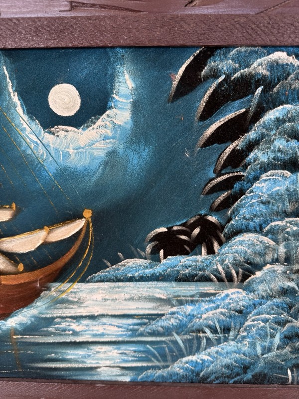 Vintage Wall Art Oil Painting on Black Velvet Ship Moon Night Sky Frame 21" x 15 gallery