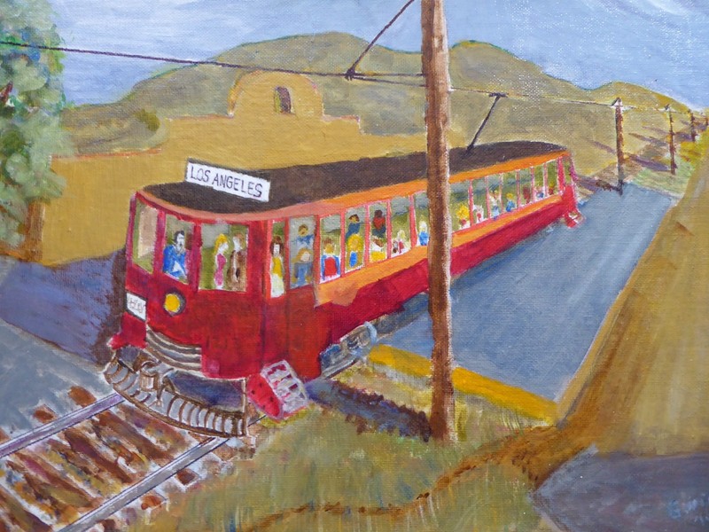 Vintage Naive Outsider Folk Art Painting Los Angeles Red Trolly Car gallery