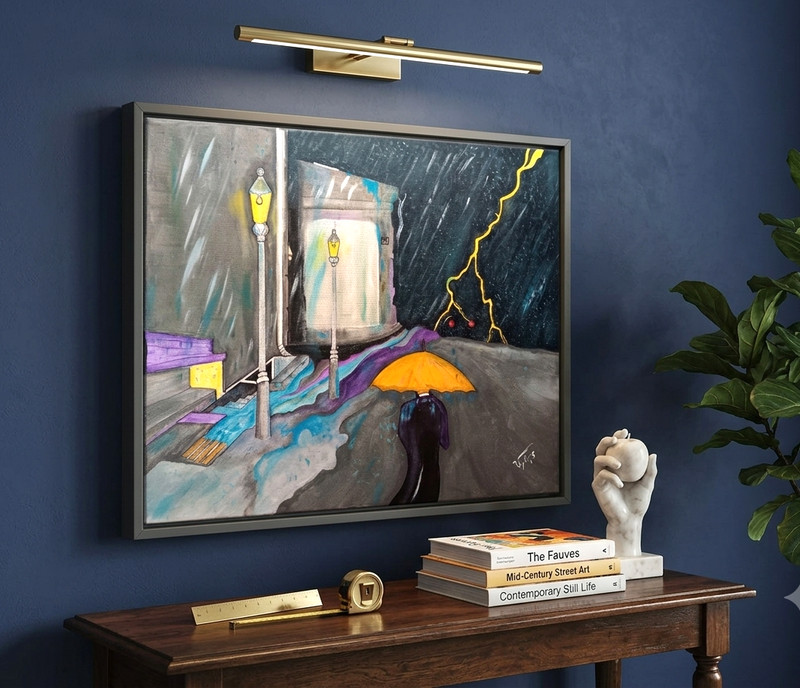 Rainy Day Man with Umbrella Acrylic Painting Canvas by Artist 16×20 Abstract
