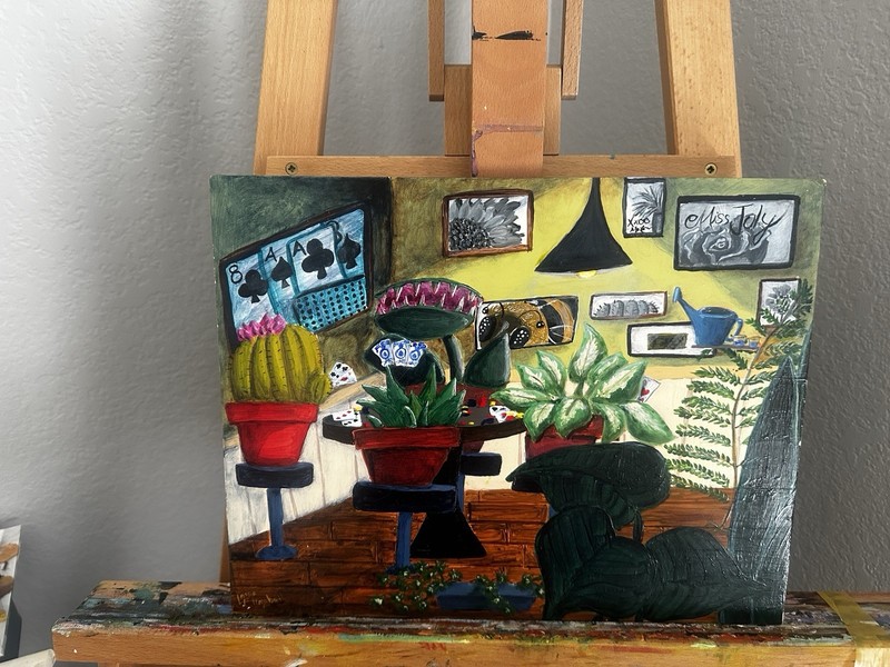 original Acrylic Paining Of Plants And Poker, Acrylic Signed By Artist On Wood