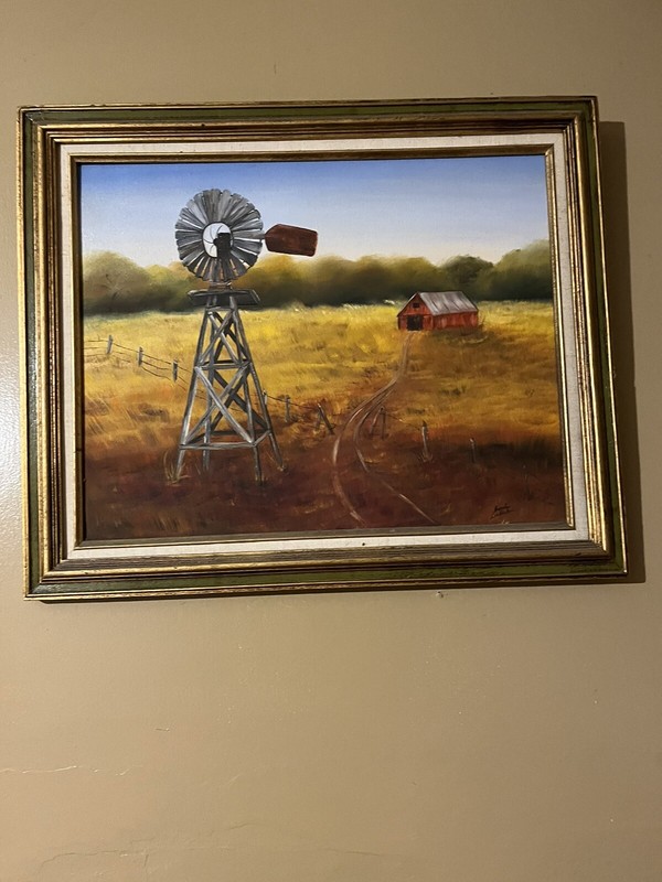 WESTERN SCENE W/WINDMILL AND BARN OIL PAINTING BY CAROLYN EASTWOOD 20X24