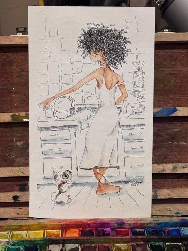 Woman Doing Dishes with Dog origional watercolor by Edith Schmidt