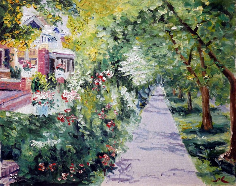 «Green Tunnel Walk» #337 Original Expressive Oil Painting by Julia Lu 16″x20″