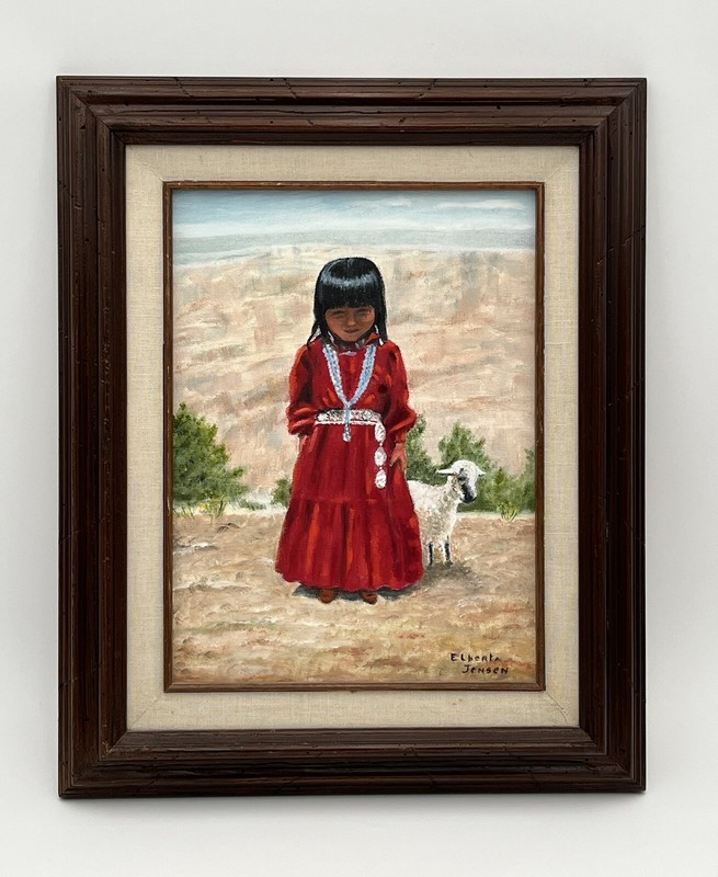 Original Painting Signed Elberta Jensen of Native American Child & Sheep Framed