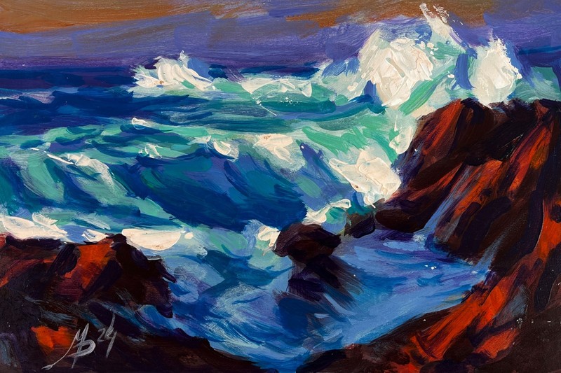Acrylic Painting Waves Crash The Rocks M. Patskan Unframed Original nAAA4834