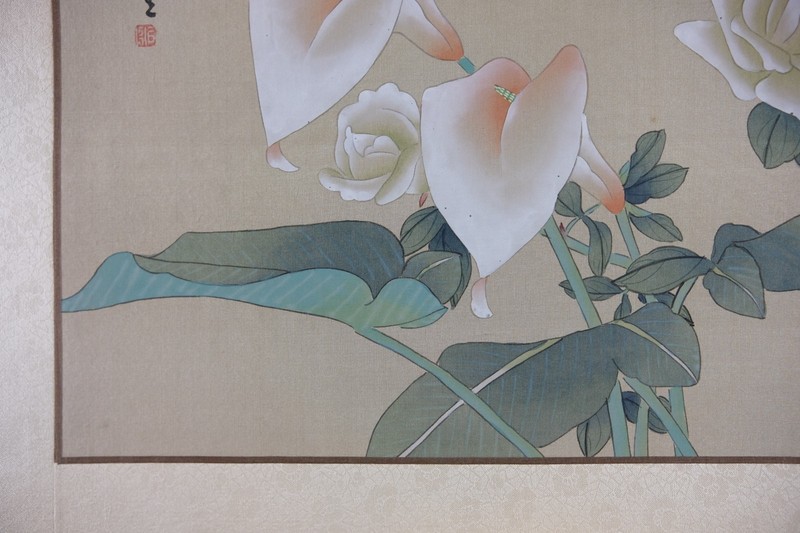 Vintage Oriental Painting, Asian Watercolor on Silk Paper, Flower and Butterfly gallery