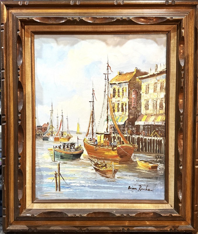 Brian Roche (American), VTG MCM Original Nautical O/C Harbor Scene Signed/Framed