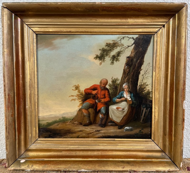 Antique Landscape Oil Painting Man Woman Peasants Wine Dutch Old Master 17th C.
