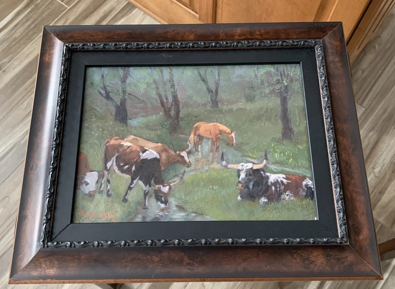 Original Oil Painting Framed by Jimmie Mayes J Ralph Mayes Cows 17″ x 14″