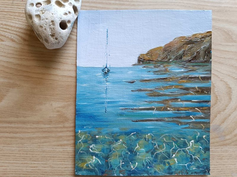 TEXTURED IMPASTO BOAT STONES MOUNTAINS Original Arts OIL Painting Seascape Gifts gallery