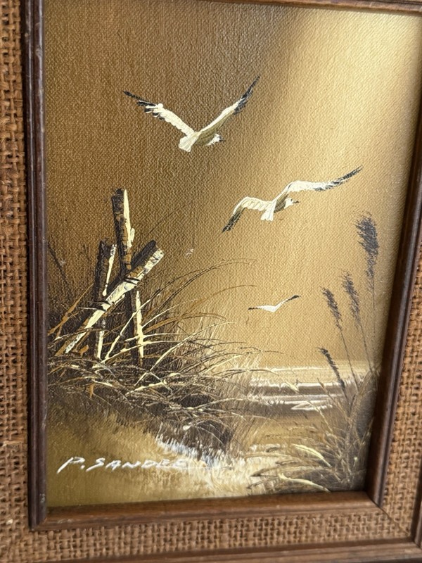 P Sandee Oil Painting Seascape Framed 11.5 x 9.5 MCM Seagulls Signed Pair gallery
