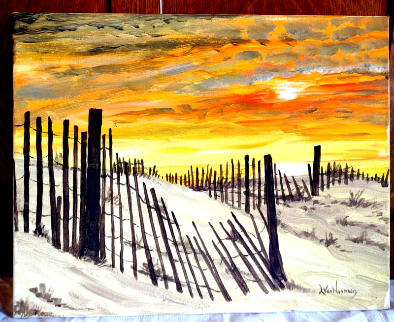 Original Acrylic on Canvas 16X20 Signed Dated Beach Sunset Dunes Fence Sand Sky