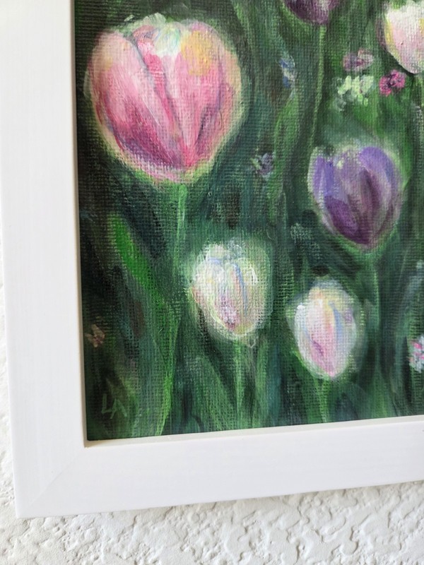 Original Tulip Painting Impressionist Floral Garden Art Pink Purple Flowers 8x10 gallery