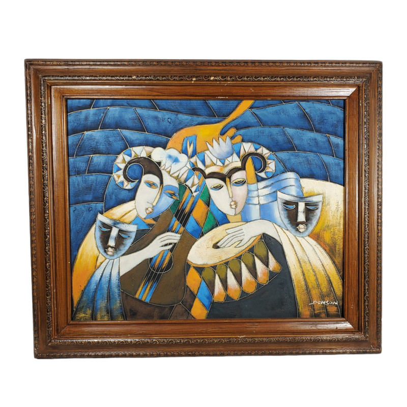 Wood Framed Theater Mask Orchestra Painting 25×19 by Benson Abstract Colorblock